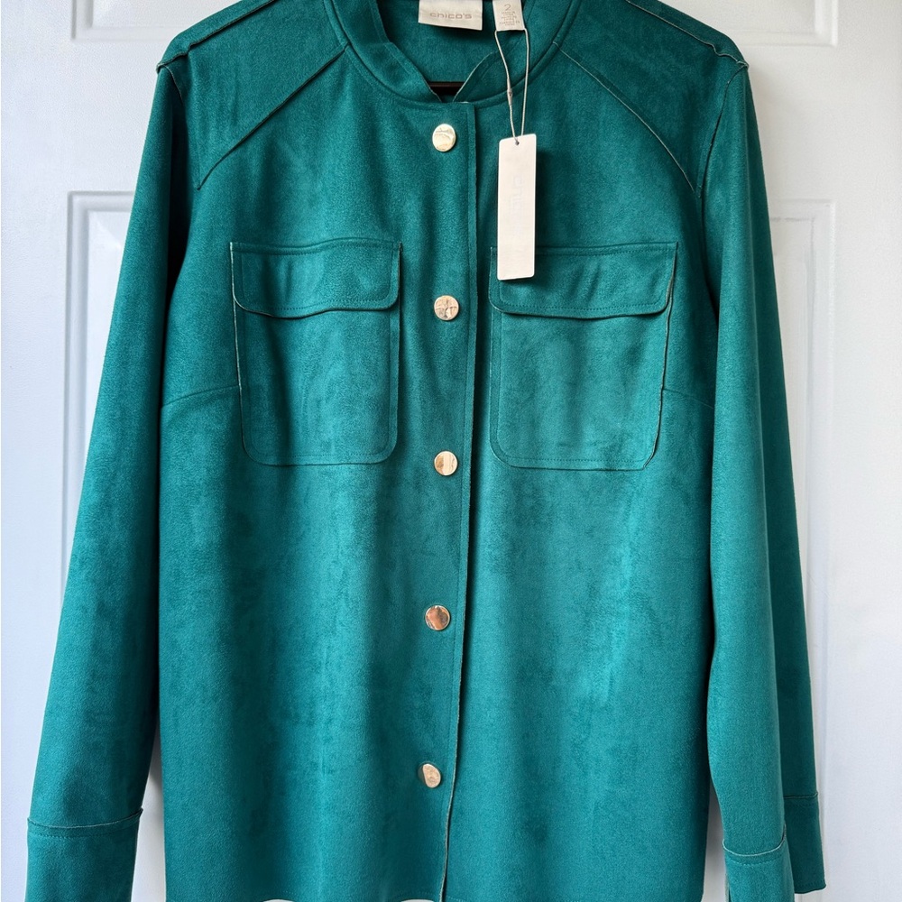 Chico's Teal Faux Suede Jacket with Gold Buttons